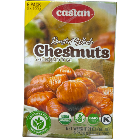 Castan Roasted whole chestnuts shelled ready to eat, nutritious roasted chestnuts snack available in 6pack 100g.
