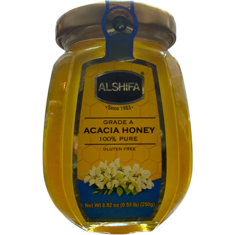 Alshifa Acacia Honey – 250g jar showcasing the premium quality and natural ingredients of this delicious honey.