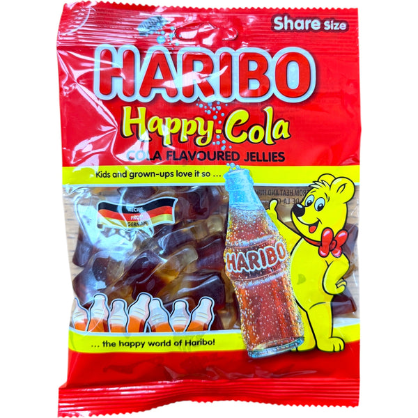 Haribo Happy Cola Gummies Share Size 160g featuring haribo cola gummies halal beef gelatin, perfect for sharing.