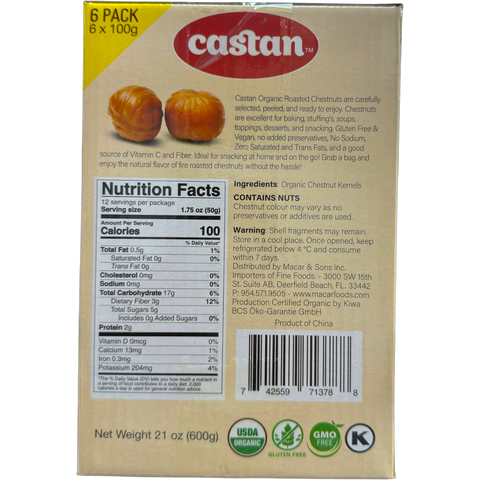 Close-up of Castan Roasted whole chestnuts shelled ready to eat, ideal roasted chestnuts snack in a 6pack 100g.