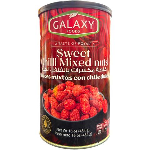 Galaxy Foods Sweet Chili Mixed Nuts – 16 oz (454g) package featuring a blend of sweet chili flavored mixed nuts for a tasty snack.