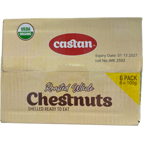 Packaging of Castan Roasted whole chestnuts shelled ready to eat - 6pack 100g, a delicious roasted chestnuts snack.