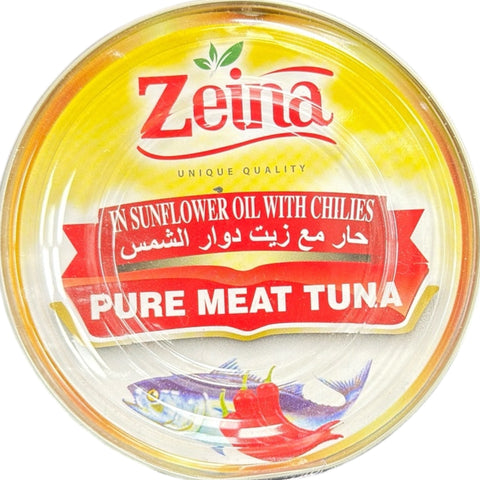 Zeina Tuna in Sunflower Oil with Chili – 185g product packaging shown from the front angle.
