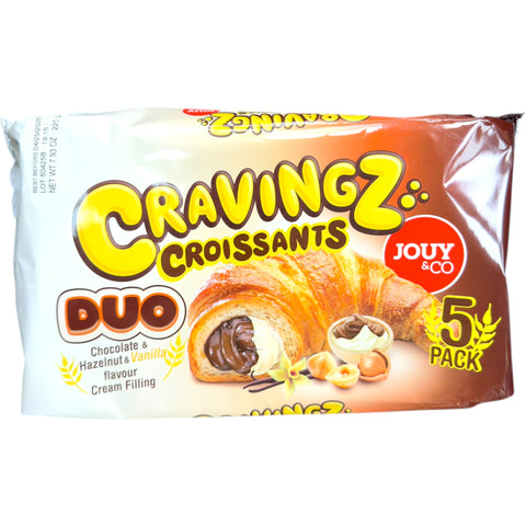 Cravingz Duo Croissants featuring chocolate and vanilla cream filling in a 5 pack, showcasing delicious chocolate croissants.