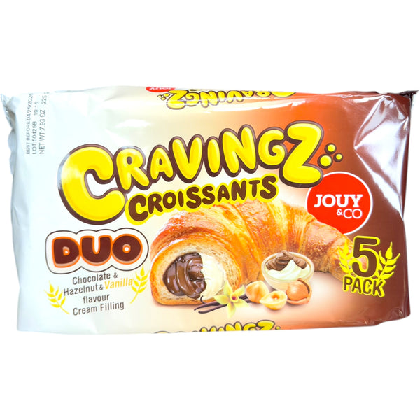 Cravingz Duo Croissants featuring chocolate and vanilla cream filling in a 5 pack, showcasing delicious chocolate croissants.