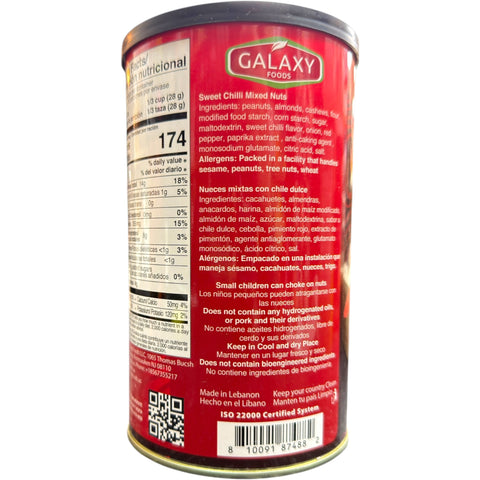 Close-up view of Galaxy Foods Sweet Chili Mixed Nuts – a 16 oz (454g) pack showcasing delicious sweet chili mixed nuts, perfect for healthy snacking.