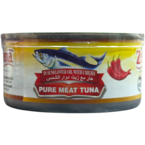 Close-up view of Zeina Tuna in Sunflower Oil with Chili – 185g showcasing the quality of the tuna and chili.