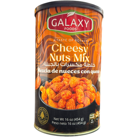 Galaxy Foods Cheesy Nuts Mix in a 16 oz package, featuring a delicious blend of crunchy nuts with cheese flavor, ideal for snacking.