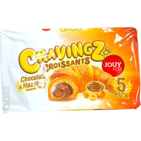 Chocolate & Hazelnut Filled Croissants (5 Pack) by Cravingz, featuring deliciously flaky pastry stuffed with chocolate hazelnut filling, perfect for indulgence.