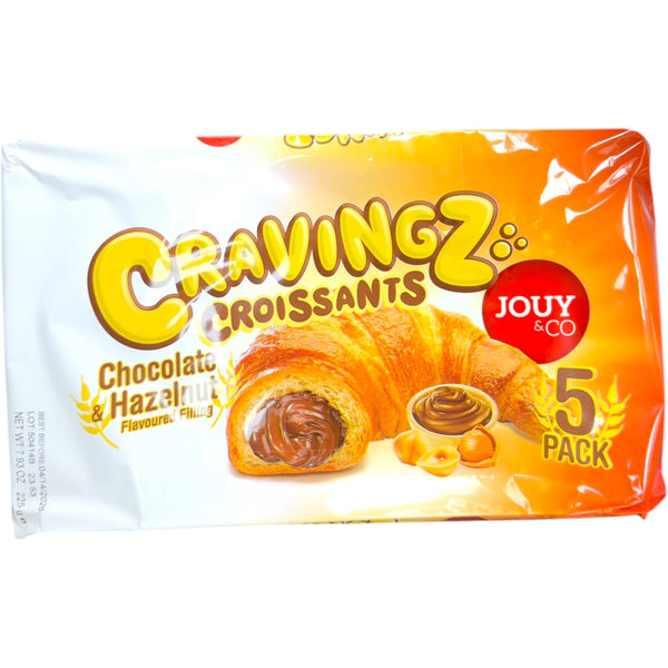 Chocolate & Hazelnut Filled Croissants (5 Pack) by Cravingz, featuring deliciously flaky pastry stuffed with chocolate hazelnut filling, perfect for indulgence.