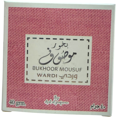 Close-up view of the mousuf wardi bukhoor, highlighting the rich texture and aromatic properties of this exclusive fragrance.