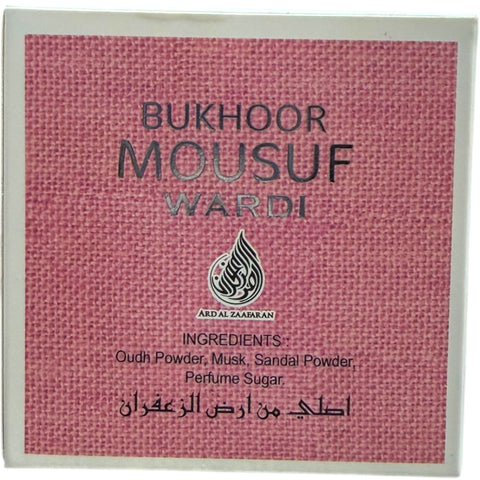 Container of mousuf wardi bukhoor from ALBASHA Store, showcasing the elegant packaging and fragrance details.