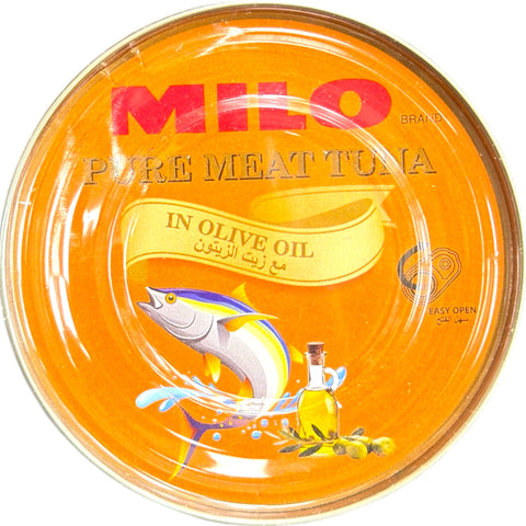 Milo Tuna in Olive Oil – 185g product packaging featuring detailed nutritional information.