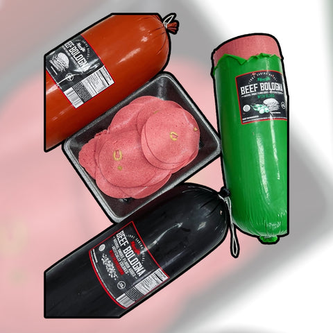 Assorted Halal Beef Bologna products, including a plain red Bologna, a sliced pink version, and a green Bologna, showcasing the variety available in 1LB packaging.