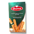 DURRA SYRIAN BREAD STICKS - SESAME packaging featuring crispy, sesame-coated breadsticks, highlighting the product's name and description. Ideal for snacking, these traditional Syrian bread sticks are flavorful and crunchy.