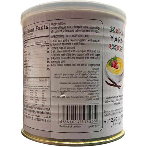 Close-up of YAFA Custard Vanilla packaging highlighting its premium quality and ingredients.