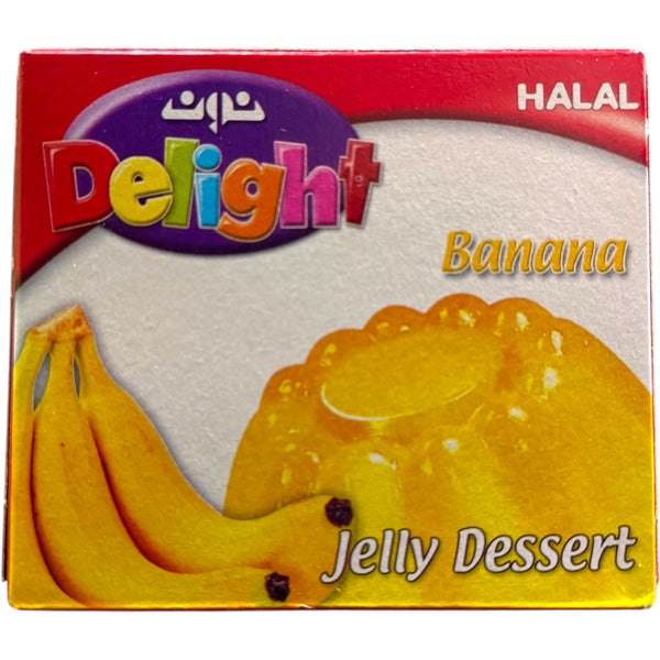 Delight Banana Jelly Dessert in a clear bowl, showcasing its vibrant yellow color and smooth texture.