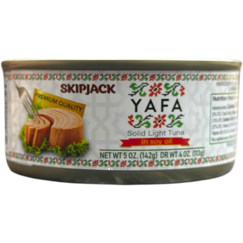 Yafa Solid Light Tuna in Soy Oil – 142g product packaging showcasing quality label and nutrition information.
