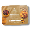 Back view of Qabalan Premium SMEDIAH packaging detailing nutritional information and ingredients for traditional Arabic desserts. The image includes dates in a woven basket, emphasizing the authentic ingredients used in these pastries.