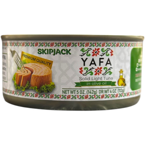 Yafa Solid Light Tuna in Olive Oil – 142g canned product showcasing premium seafood convenience with rich flavor and nutrition.