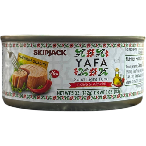 YAFA Solid Light Tuna In Olive Oil With Chili product packaging showcasing the premium quality of the tuna.