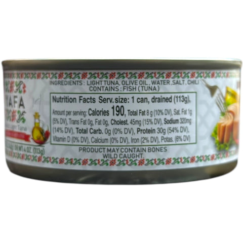 Close-up image of YAFA Solid Light Tuna In Olive Oil With Chili, highlighting its succulent texture and vibrant chili-infused olive oil.