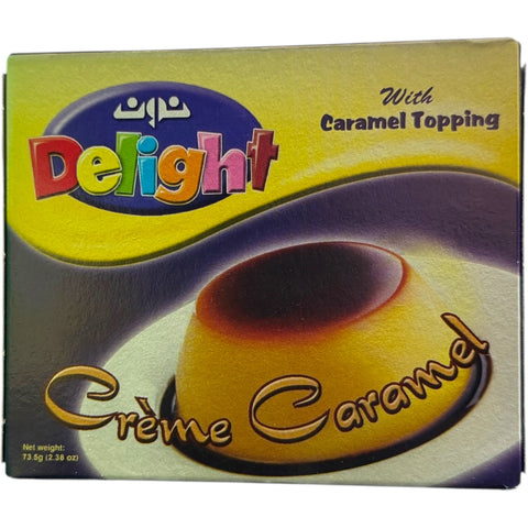 Delight Crème Caramel Dessert with Caramel Topping served in a clear glass, showcasing the smooth texture and rich caramel topping.