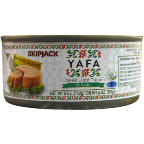 Yafa Skipjack Solid Light Tuna in Water (5 oz) can displayed with its elegant packaging.