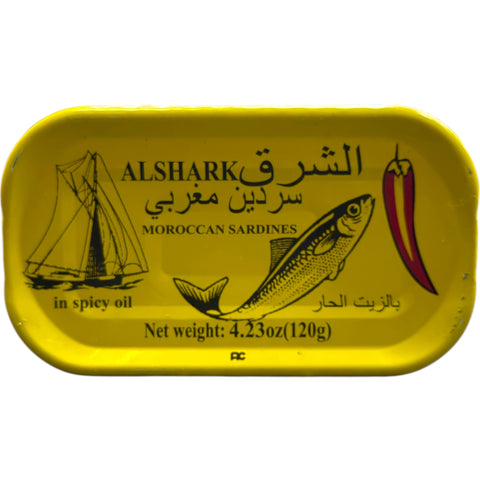 Alshark Moroccan Sardines in Spicy Oil – 120g – A vibrant can showcasing succulent sardines packed in flavorful spicy oil.