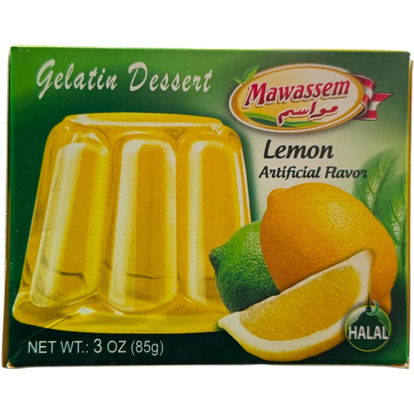 Mawassem Lemon Gelatin Dessert - A refreshing citrus delight, perfect for parties and gatherings, featuring a vibrant yellow color that represents the delicious lemon flavor of this lemon gelatin dessert.