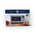 GE Stainless Steel Quartz Convection Toaster Oven in action, demonstrating its seven cooking modes including bake and broil.