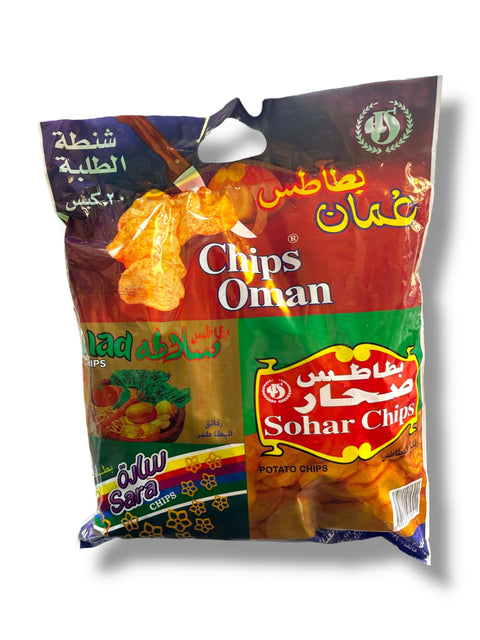 Sohar chips and Salata chips variety pack featuring Chips Oman and Sara Chips. Ideal for a flavorful snack experience, this mix showcases a variety of textures and tastes in a vibrant bag.