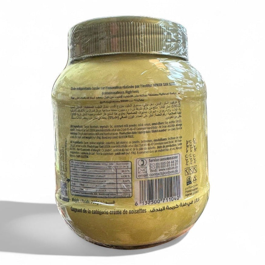 Cebon El Mordjene Hazelnut Spread 700 Gr showcasing its rich texture and flavor as a delicious creamy hazelnut chocolate spread for all occasions.