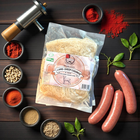 High-quality Natural Lamb-Sheep Casings 24-26mm, HALAL certified for crafting tender and juicy sausages.