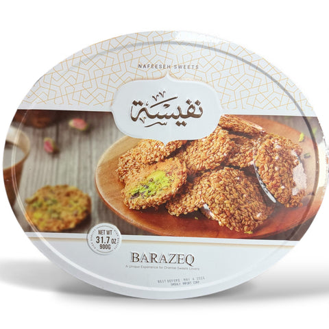 NAFEESEH BARAZEK 900g packaging showcasing the delicious traditional pistachio cookies.