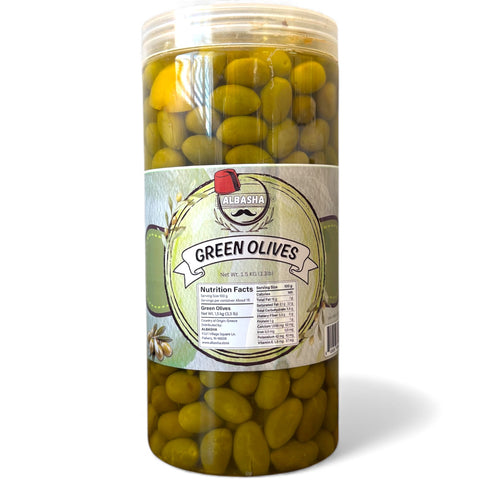Albasha Green Olives – 1.5 KG container featuring high quality green olives, perfect for culinary use and snacking.