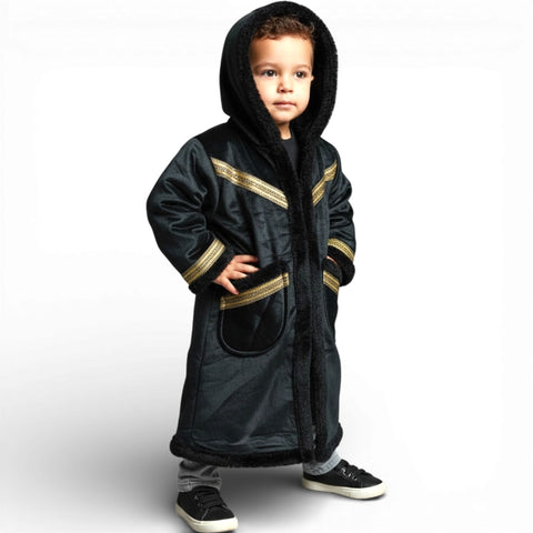 Kids Hooded Fur Coat – 2-3y old showcasing the stylish design and functional hood.