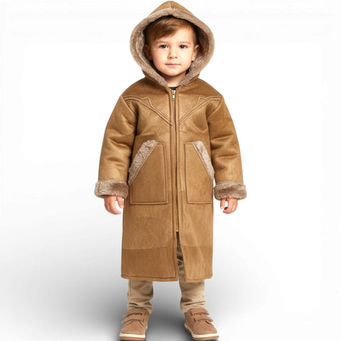 Back view of the Kids Hooded Fur Coat – 2-3y old emphasizing the cozy fur lining.