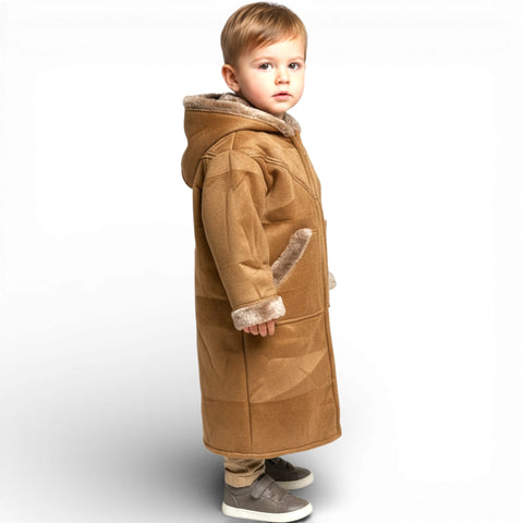 Kids Hooded Fur Coat – 2-3y old displayed on a model to showcase its fit and style.