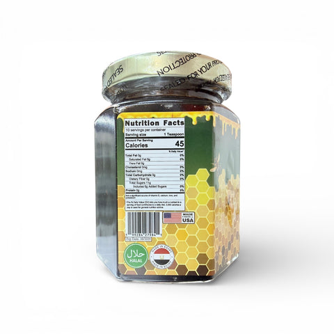 Close-up of HONEY RUSH Artisan Honey, a smooth and golden 8 OUNCES jar, an ideal natural energy sweetener.