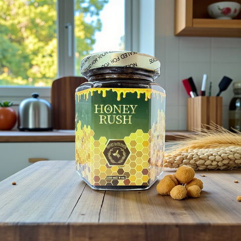 HONEY RUSH Artisan Honey in 8 OUNCES jar, a versatile natural energy sweetener for everyday use.