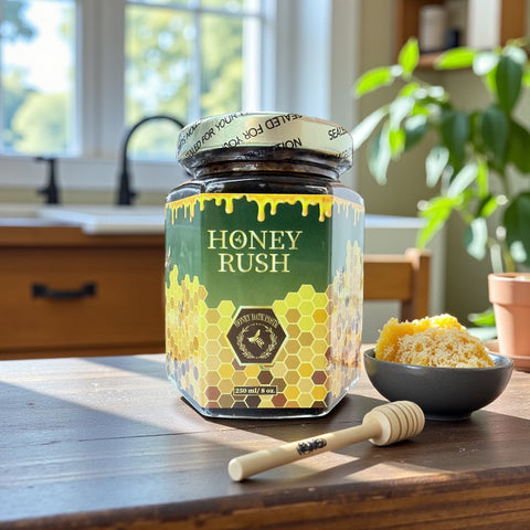 HONEY RUSH Artisan Honey 8 OUNCES jar, a delicious natural energy sweetener perfect for baking and marinades.