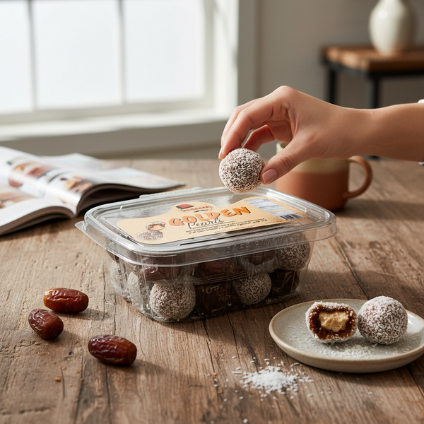 Close-up of Golden Pearls Date Balls with tahini and sesame coating - Indulge in these healthy dessert treats.