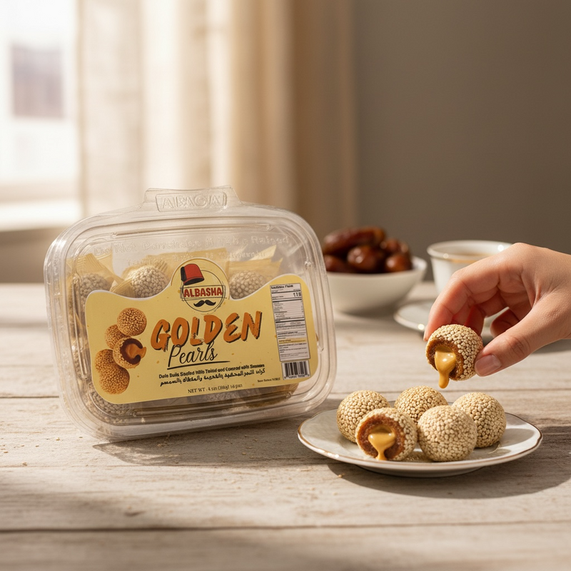 Golden Pearls Date Balls - Indulgent Date Balls Stuffed With Tahini and Covered with Sesame, ideal for a luxurious snack.