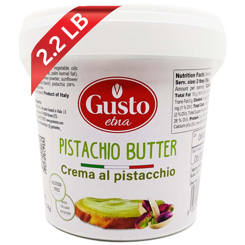 A 2.2 lb container of Gusto Etna pistachio butter, featuring a label with nutritional information, promoting its gluten-free quality and made with Sicilian pistachios.