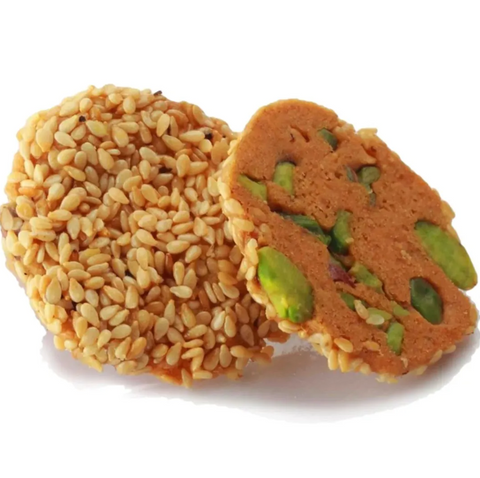 Close-up of Barazek Shortbread Cookies | Al Nejmah Sweets 800g, showcasing the crispy pistachio cookies with a golden texture.