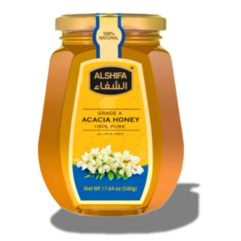 Alshifa Acacia Honey – 250g jar showcasing pure, organic, raw sweetener for natural health, highlighting its light color and floral flavor.