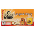 Al Attar Ginger & Honey herbal tea box with 20 tea bags, ginger root, honey jar, and a glass of brewed tea on orange background