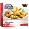 Al Safa Samosa 550g box with plate of uncooked mini vegetable cocktail samosas