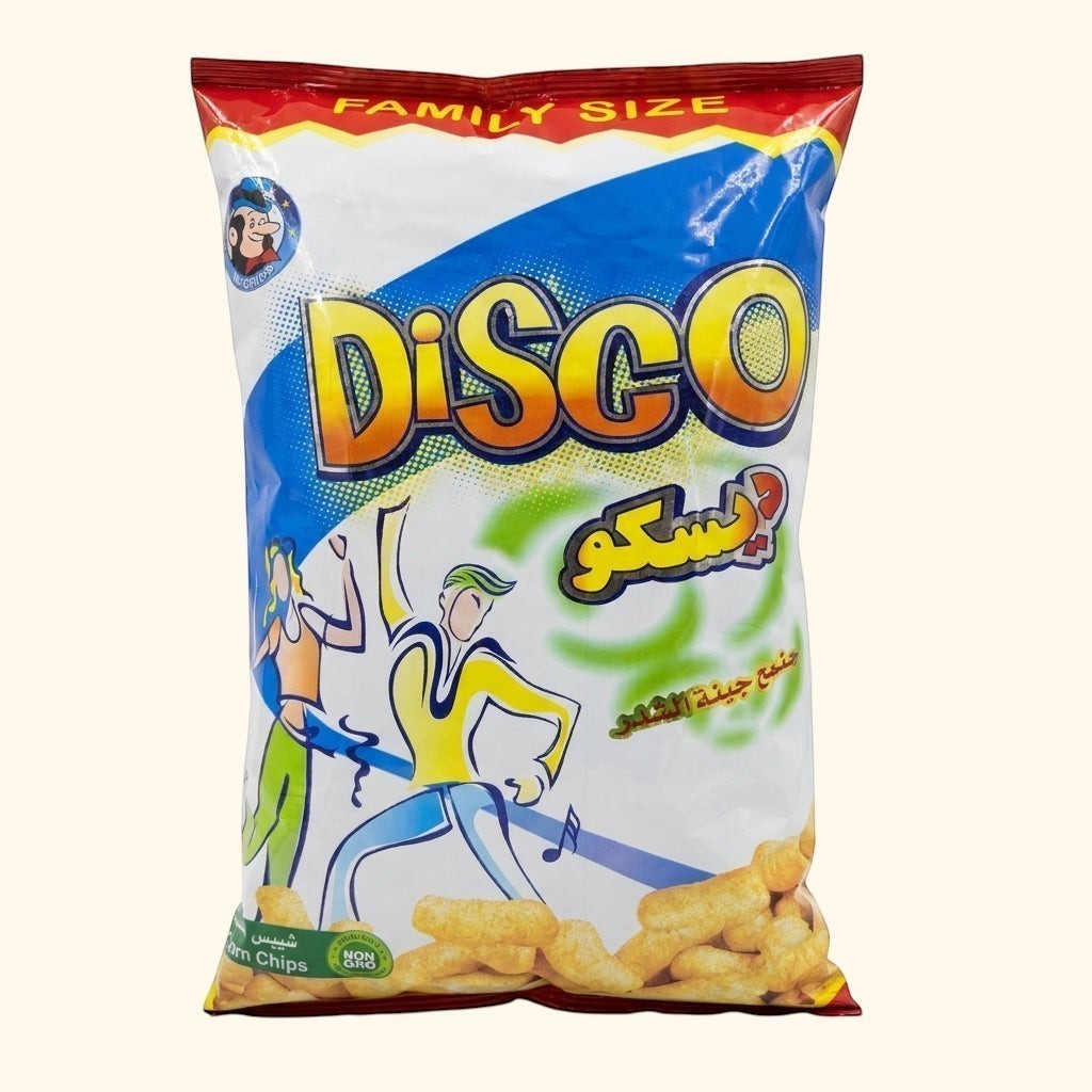 Albasha Disco Corn Chips Family Size 80g, golden, crispy corn puffs with a Middle Eastern flavor.